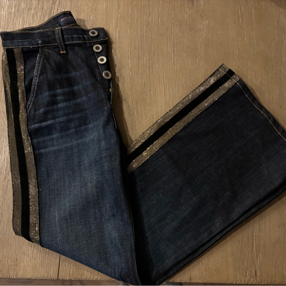 Ramy Brook Dark Blue Denim Wide Leg Jeans with Gold Side Stripes